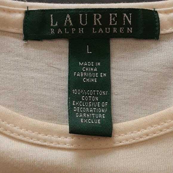 Lauren Ralph Lauren, Cotton, Embellished and Embroidered, Cream LS Tee, Large - Picture 4 of 12